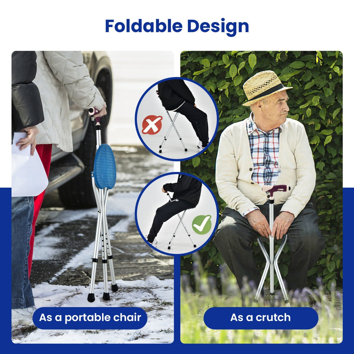 Height Adjustable Folding Massage Cane Seat Walking Stick with LED Light-Blue