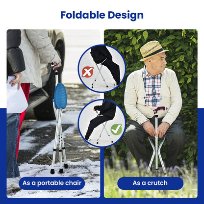 Height Adjustable Folding Massage Cane Seat Walking Stick with LED Light-Blue