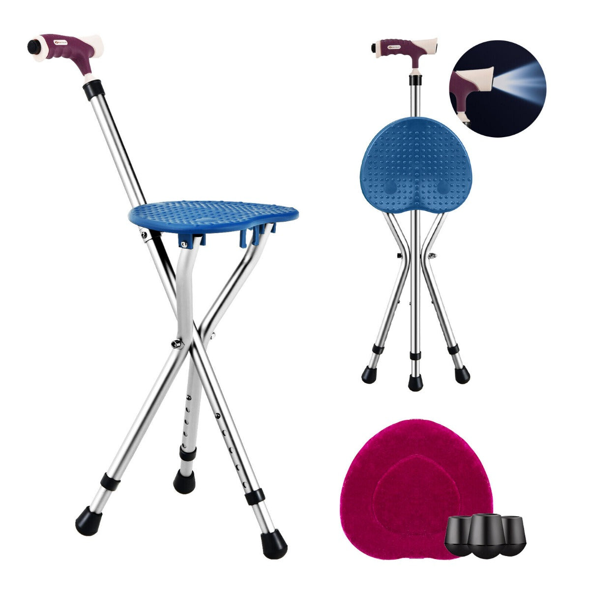 Height Adjustable Folding Massage Cane Seat Walking Stick with LED Light-Blue