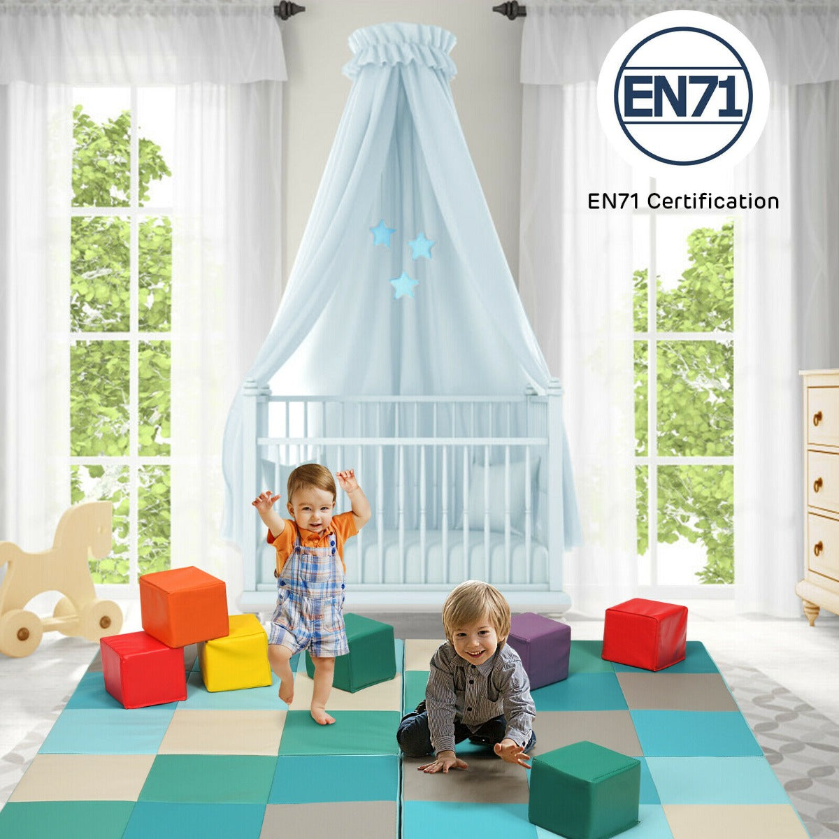 4-Section Folding Toddler Play Mat for Home and School Kindergarten--Blue