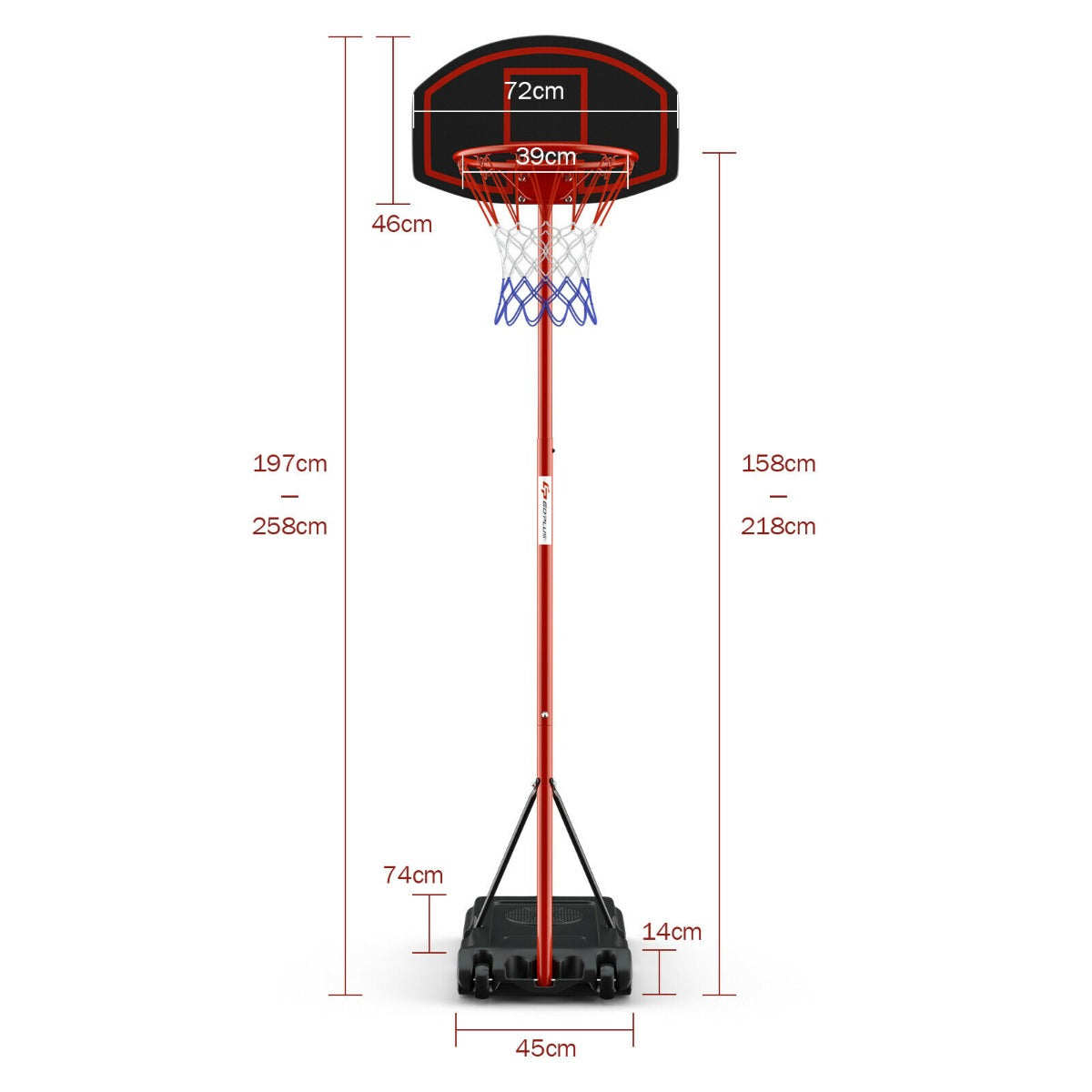 Freestanding Adjustable Height Basketball Stand Hoop -Red