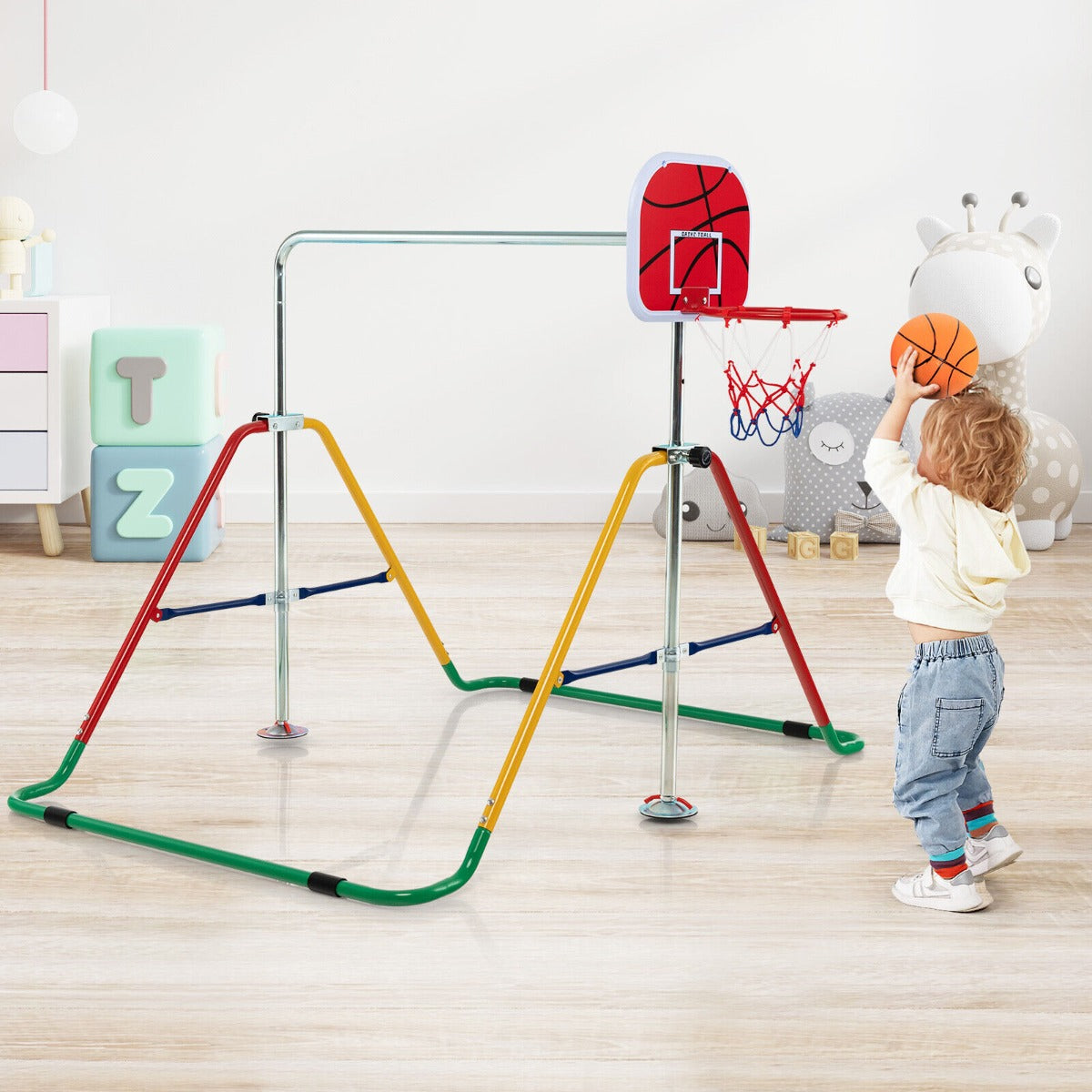 Expandable Gymnastics Bar with Basketball Hoop for Kids Juniors-Colourful