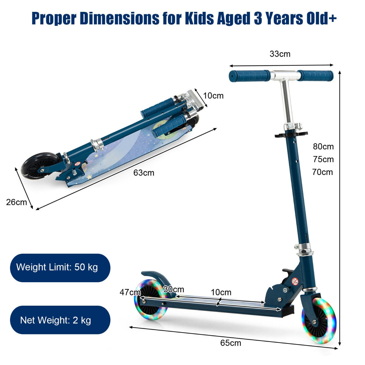 Foldable Kids Scooter with Light Up Wheels Adjustable Handlebar-Blue