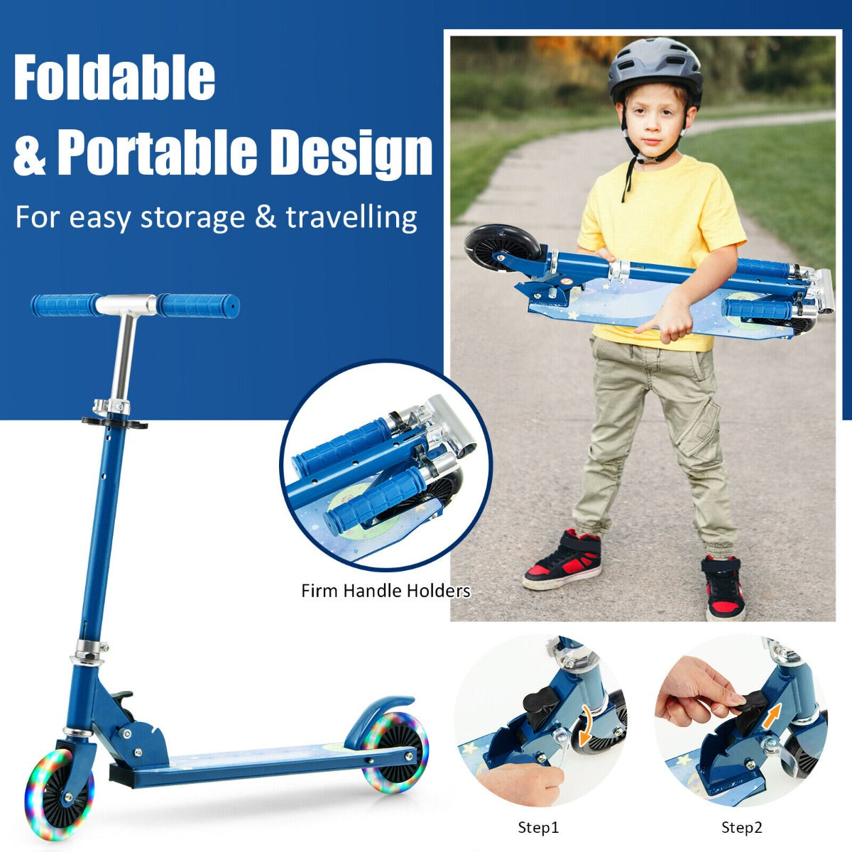 Foldable Kids Scooter with Light Up Wheels Adjustable Handlebar-Blue