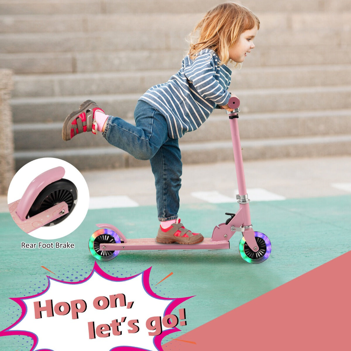 Foldable Kids Scooter with Light Up Wheels Adjustable Handlebar-Pink
