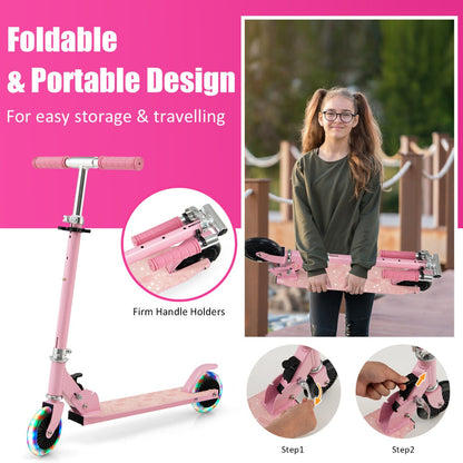 Foldable Kids Scooter with Light Up Wheels Adjustable Handlebar-Pink