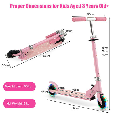 Foldable Kids Scooter with Light Up Wheels Adjustable Handlebar-Pink