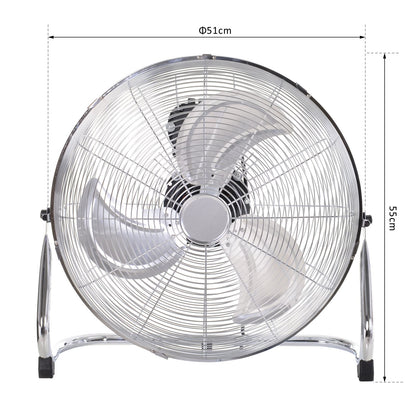 HOMCOM 20" Chrome Metal Floor Standing Fan with Tilting, High Velocity, 3 Speed, Portable Gym Fan for Home Office, Silver