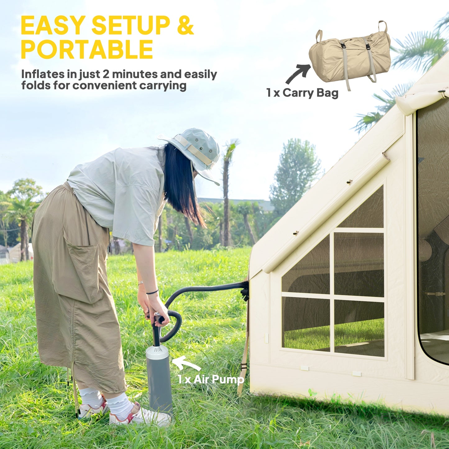 Outsunny Inflatable Camping Tent with Pump and Stove Jack Hole, Easy Setup 2-4 Person Blow Up Tent, Waterproof Luxury Inflatable Tent with Mesh Windows, Doors, Hook and Carry Bag, Beige