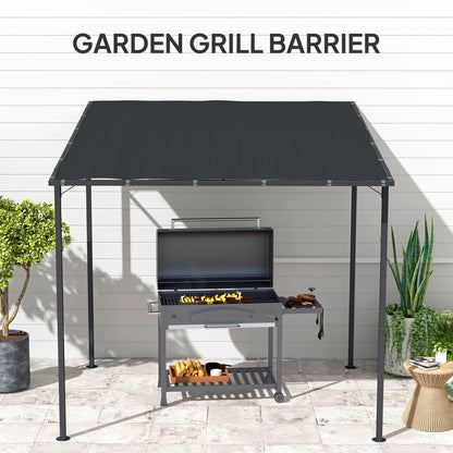 Outsunny 2.4 x 2.4 m Wall Mounted Pergola Gazebo with PA Coating Fabric and Metal Frame, UPF30+, Lean to Garden Gazebo, Wind Resistant Outdoor Sun Shade Shelter for Garden, Deck, Dark Grey