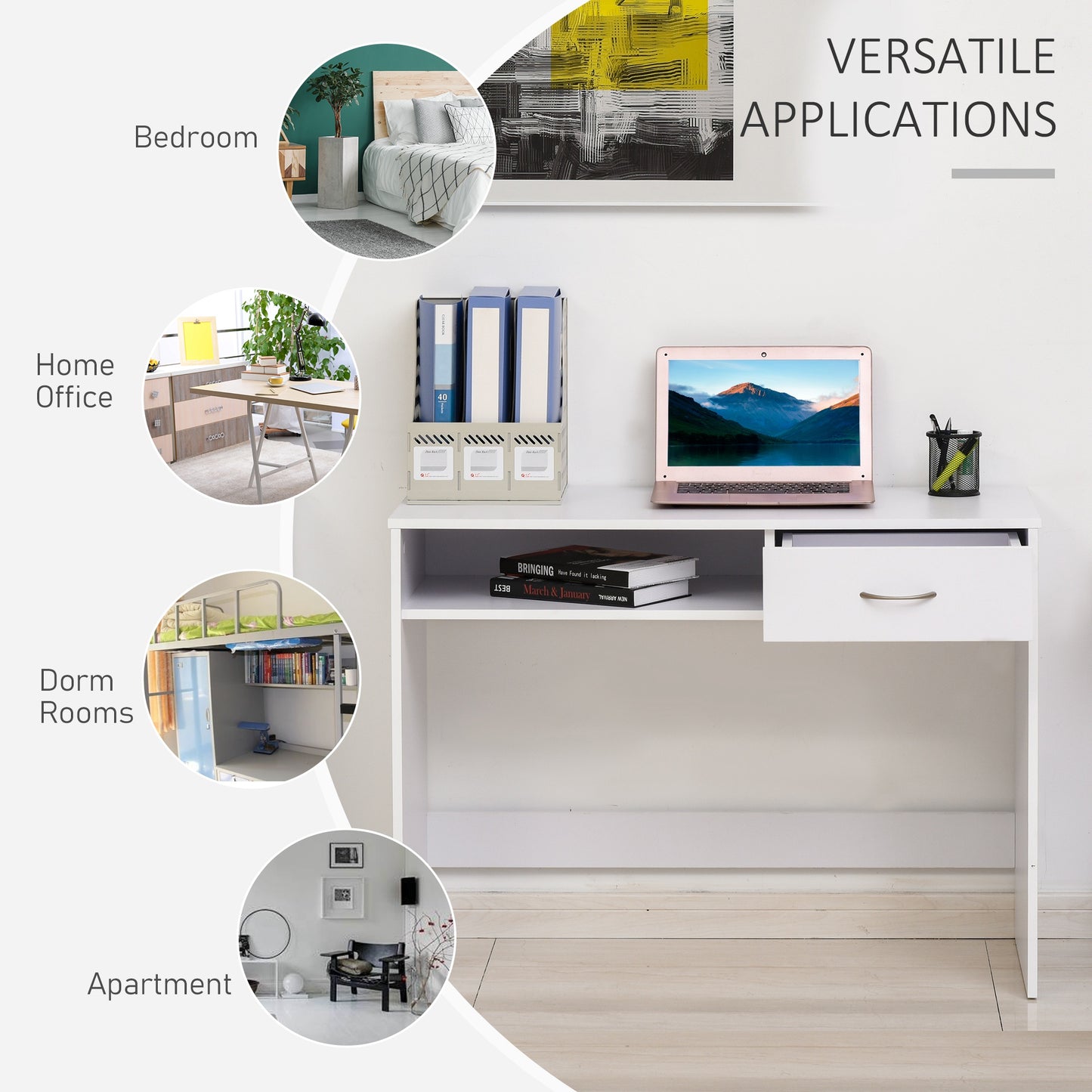 HOMCOM Computer Desk, Work Desk Table Study with Shelf Drawer, Study Table Storage Compartment, Writing Station Display Stylish Storage, White