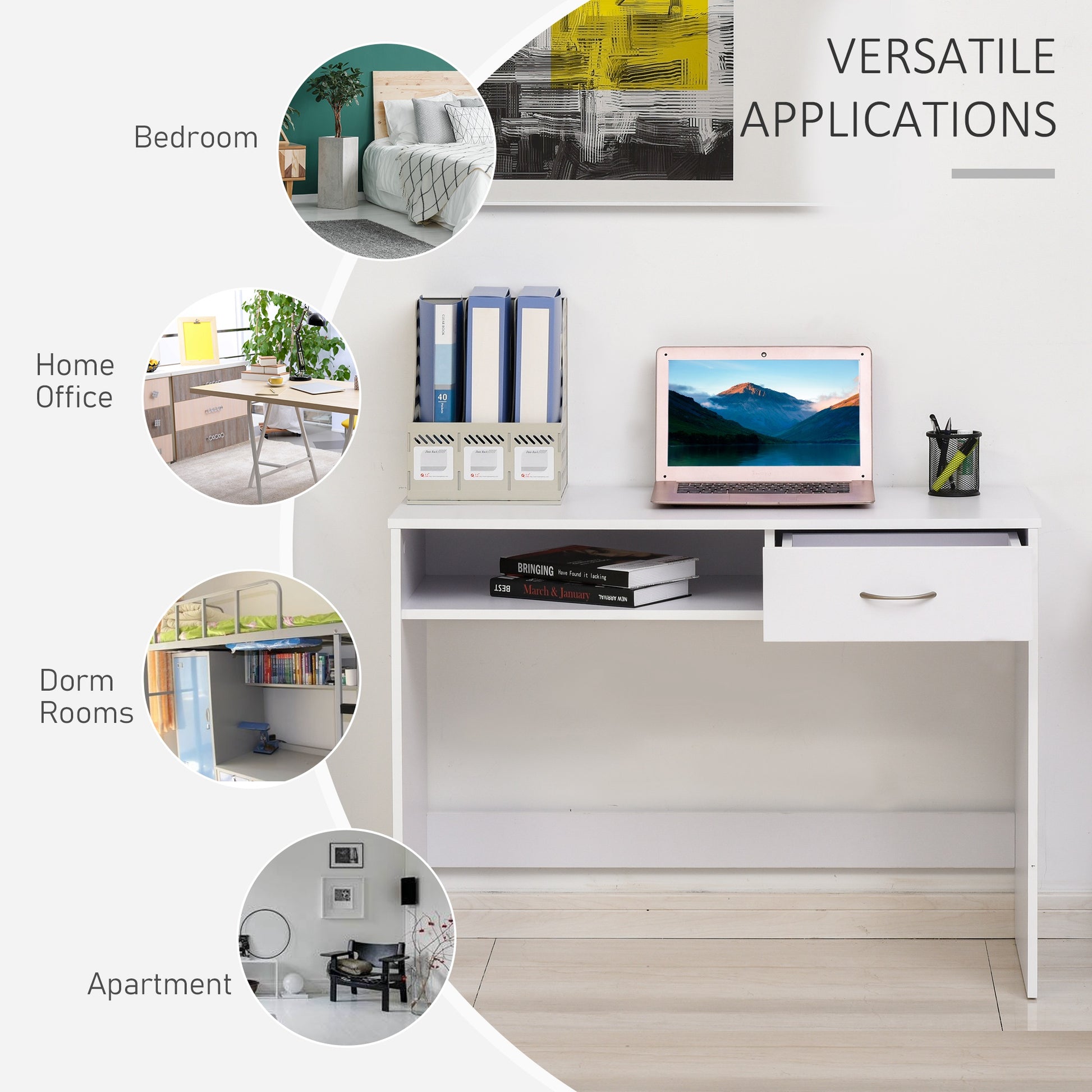 HOMCOM Computer Desk, Work Desk Table Study with Shelf Drawer, Study Table Storage Compartment, Writing Station Display Stylish Storage, White