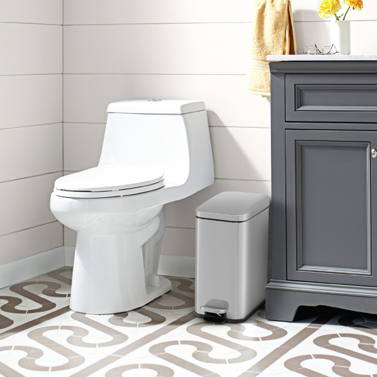 60L Stainless Steel Corner Trash Bin with Lid and Anti-slip Bottom-Silver