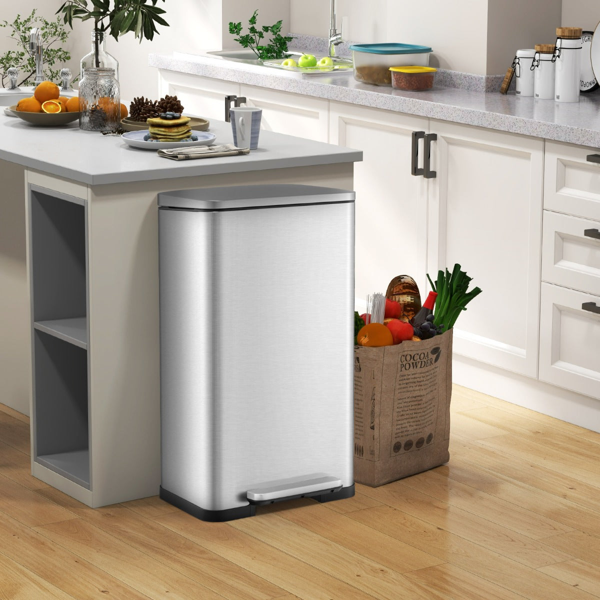 60L Stainless Steel Corner Trash Bin with Lid and Anti-slip Bottom-Silver