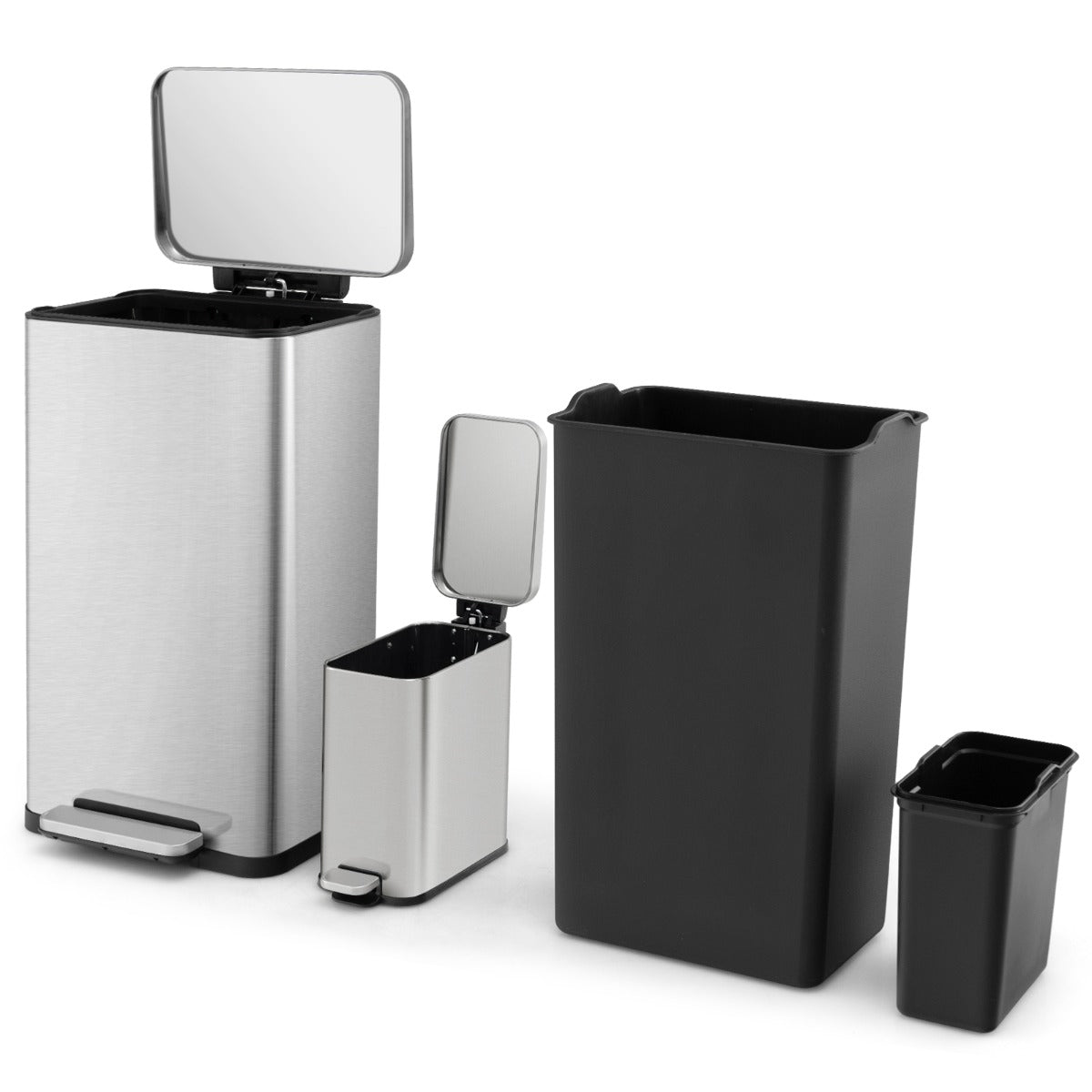 60L Stainless Steel Corner Trash Bin with Lid and Anti-slip Bottom-Silver