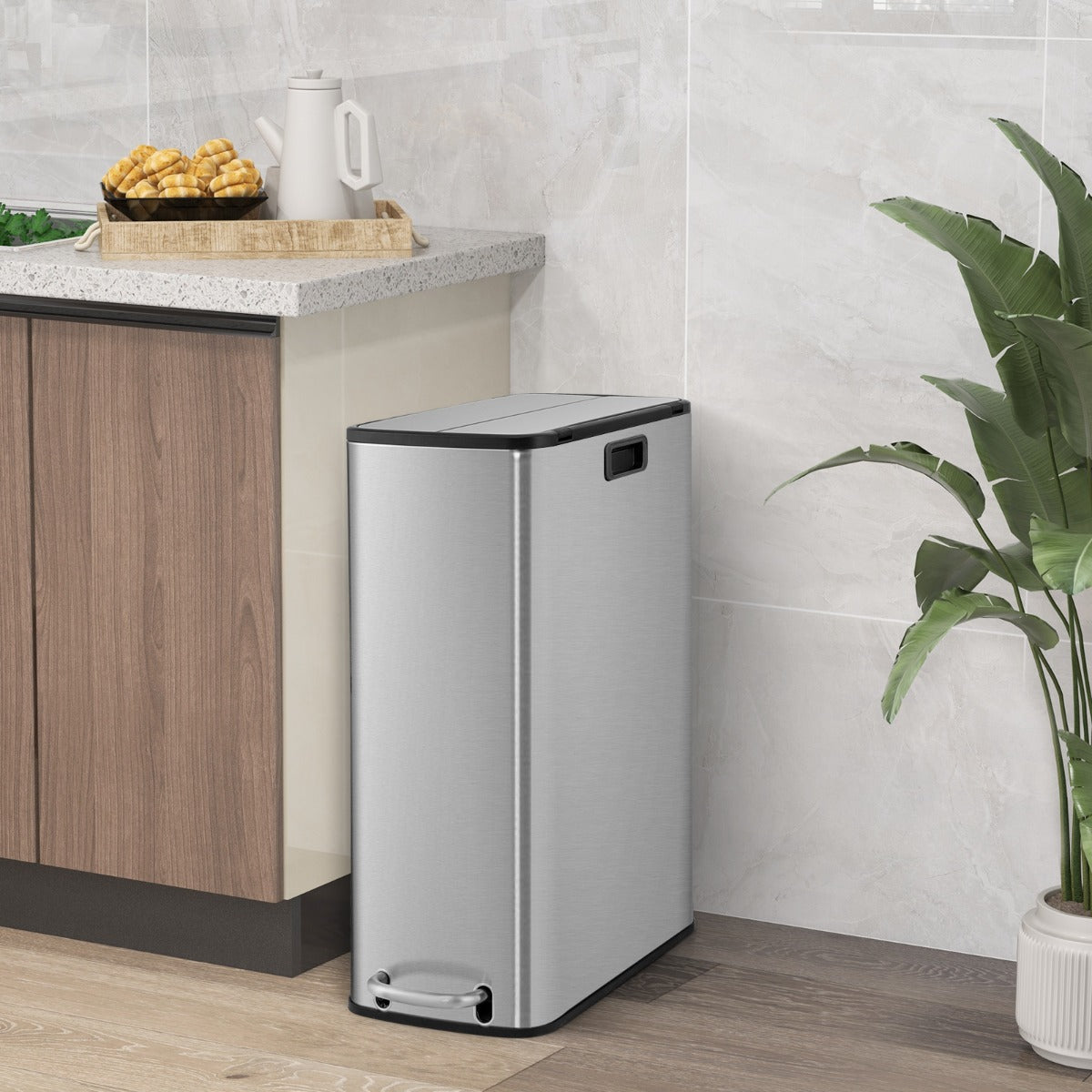 46L Stainless Steel Trash Can with Soft-Closing Wing Lids and Removable Inner Bucket-Silver