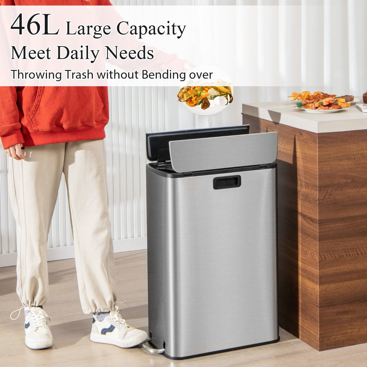 46L Stainless Steel Trash Can with Soft-Closing Wing Lids and Removable Inner Bucket-Silver