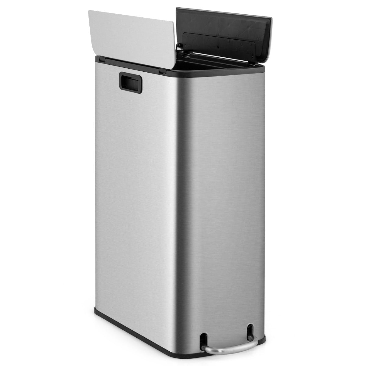 46L Stainless Steel Trash Can with Soft-Closing Wing Lids and Removable Inner Bucket-Silver