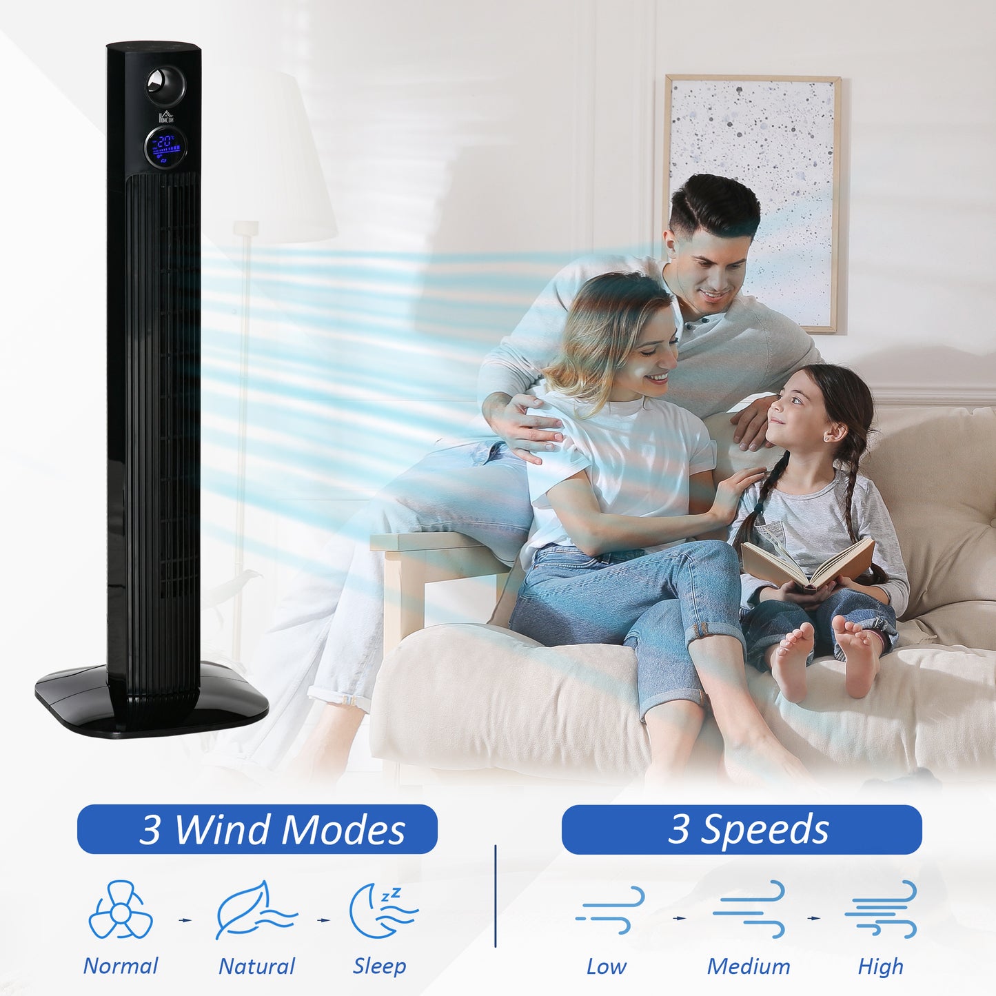 HOMCOM 38" Electric Fan Fan Cooling with Aroma Function, Oscillating, 12h Timer, LED Sensor Panel, Remote Controller, Black
