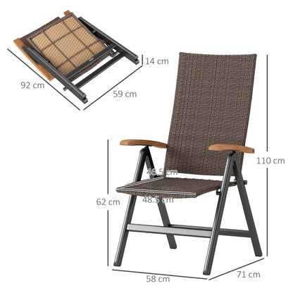 Outsunny Outdoor Folding Rattan Chair with Armrests, High Backrest, for Garden, Camping, Balcony, Porch - Brown