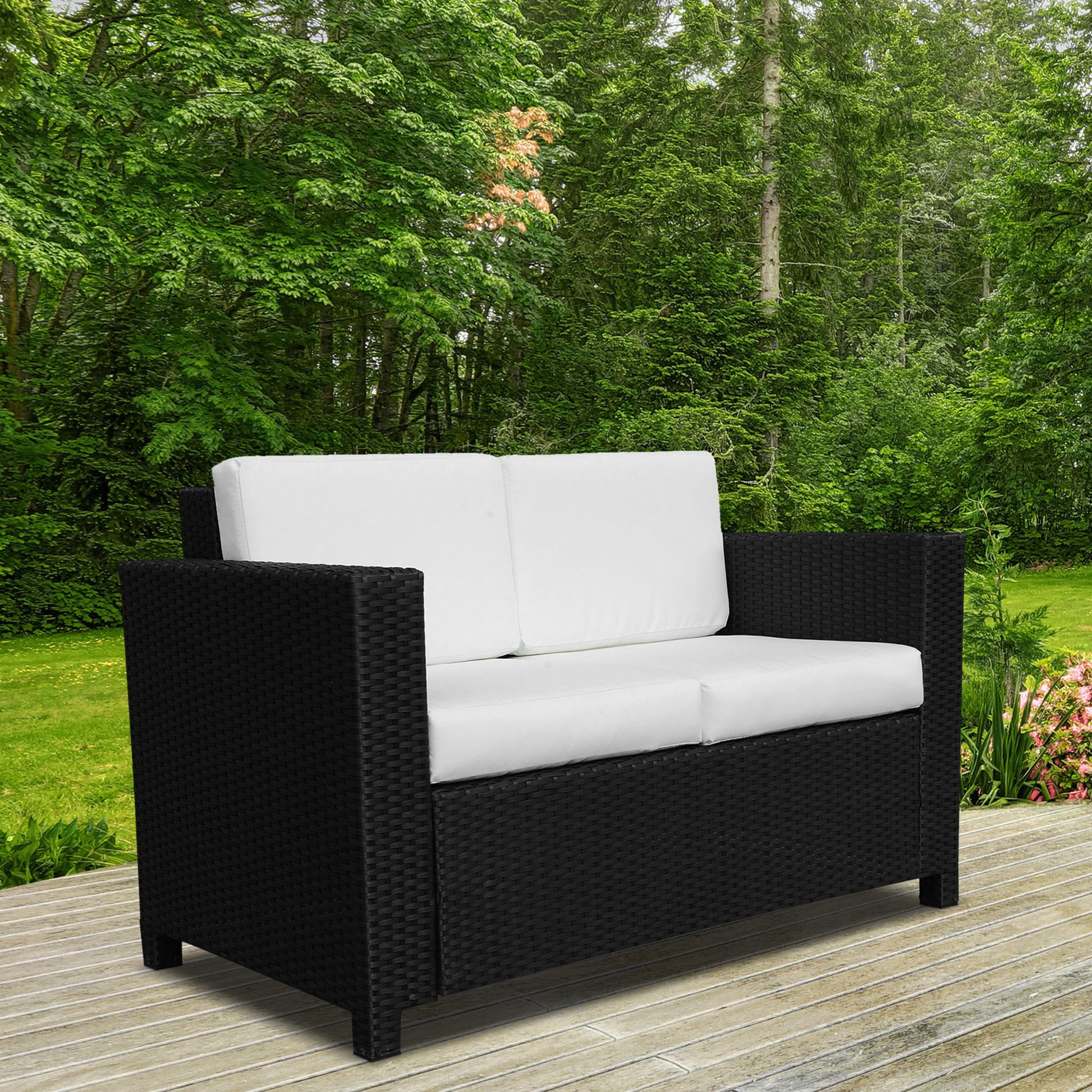 Outsunny Rattan Sofa, 2 Seater Garden Furniture with Soft Padded Cushion and Armrests, Wicker Garden Loveseat for Patio, Black