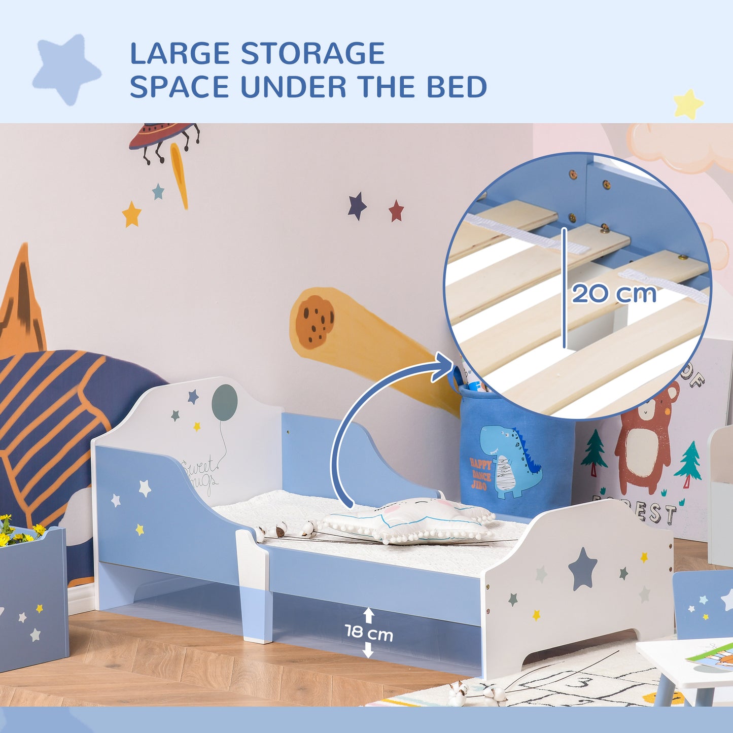 HOMCOM Kids Toddler Wooden Bed Round Edged with Guardrails Stars Image 143 x 74 x 59 cm Blue