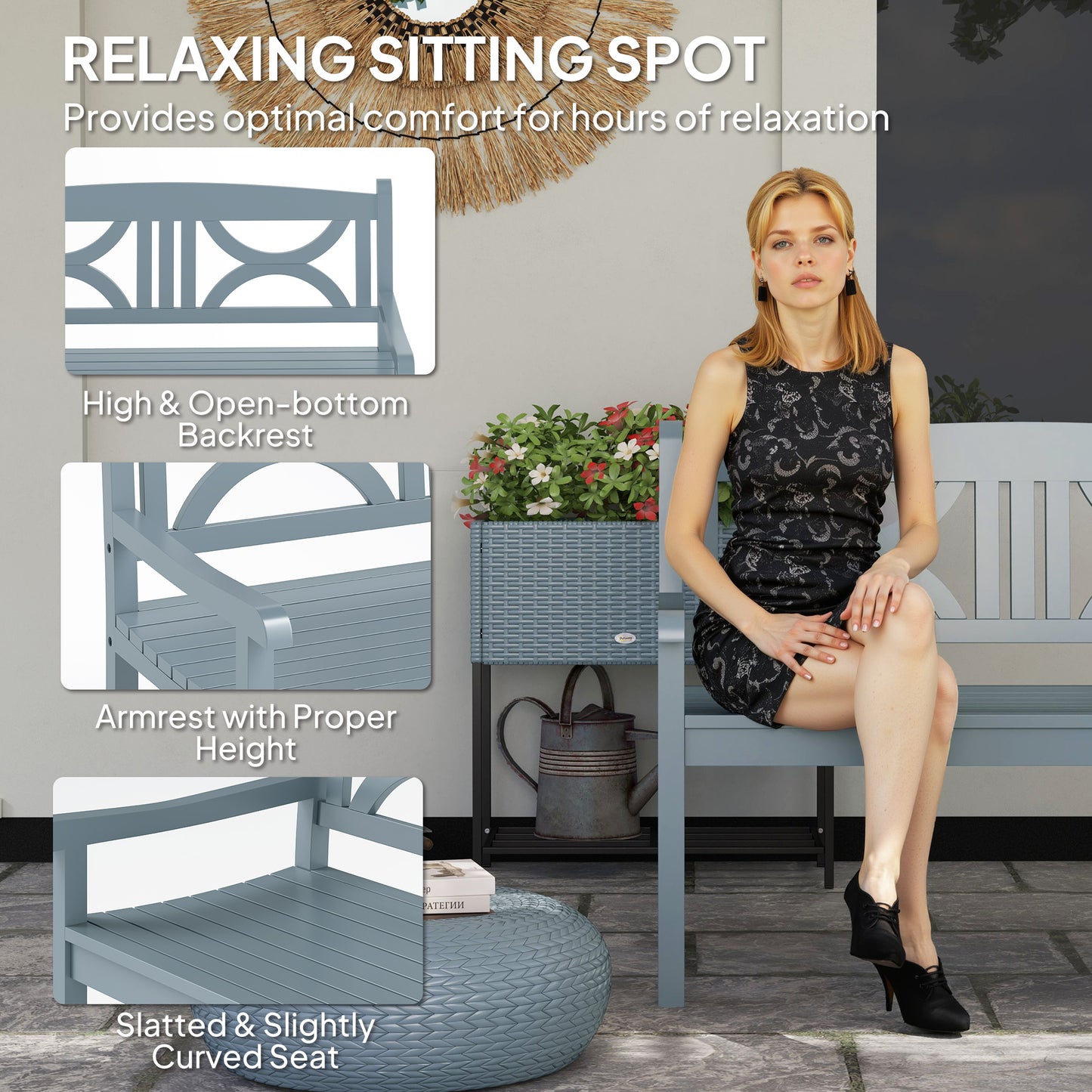 Outsunny 2-Seater Wooden Garden Bench Outdoor Patio Loveseat for Porch, Grey