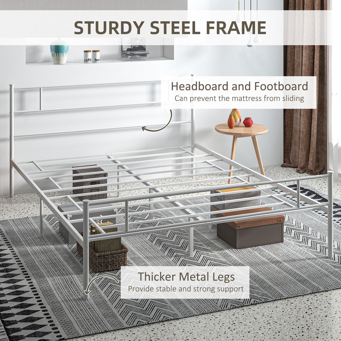 HOMCOM King Bed Frame, Metal Bed Base with Headboard and Footboard, Metal Slat Support and 31cm Underbed Storage Space