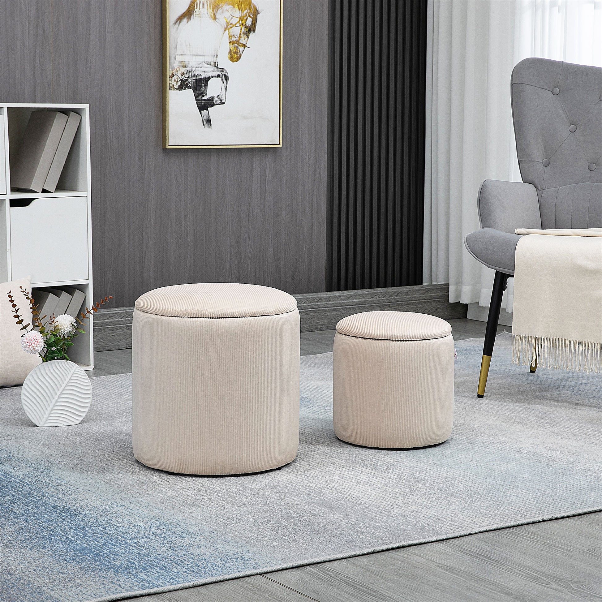 HOMCOM Modern Storage Ottoman with Removable Lid, Fabric Storage Stool, Foot Stool, Dressing Table Stool, Set of 2, White