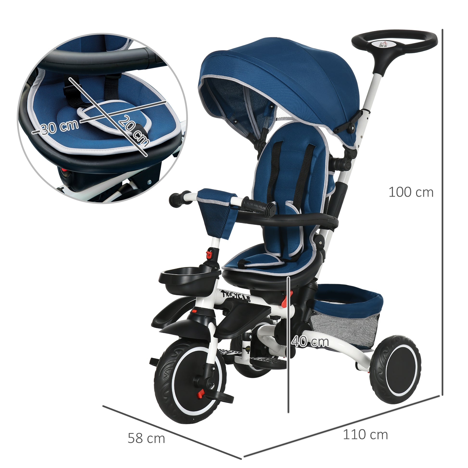 HOMCOM 7-in-1 Tricycle 3 Wheels Pedal Trike w/ Rotatable Seat and Safety Harness for Ages 12-50 Months Kids, Baby, Blue