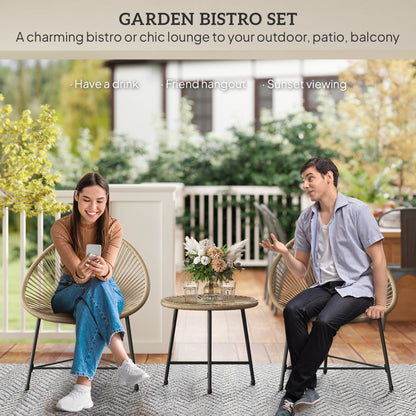 Outsunny 3 Pieces Rattan Bistro Set, Garden Bistro Set with Acapulco Chairs and Glass Top Table, Small Garden Furniture Set with Reinforced Metal Frame for Outdoor, Patio, Balcony, Natural