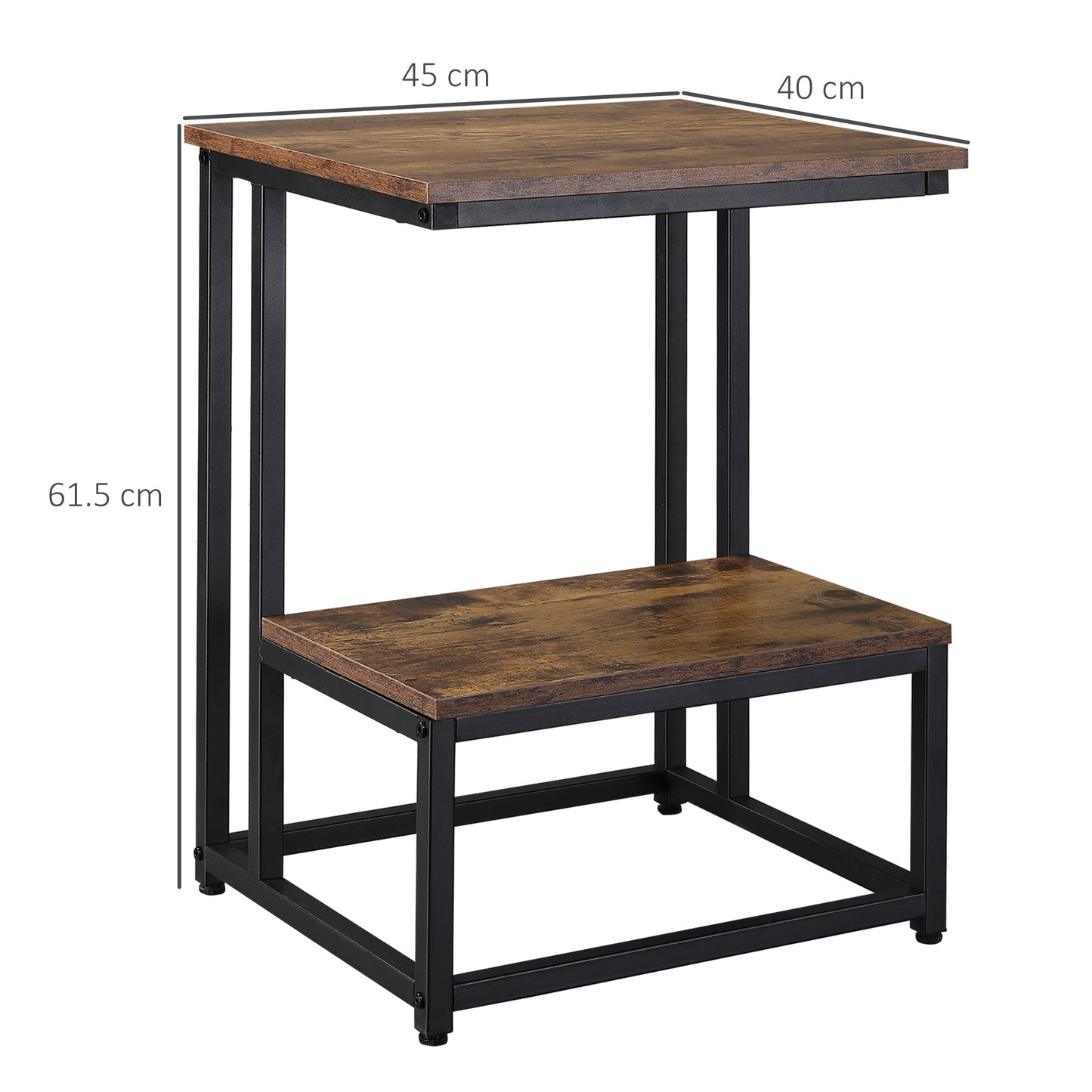 HOMCOM Side Table, Doule Layer End Table, Modern Coffee Table with Steel Frame and Adjustable Non-Slip Feet for Living room, Bedroom, Rustic Brown
