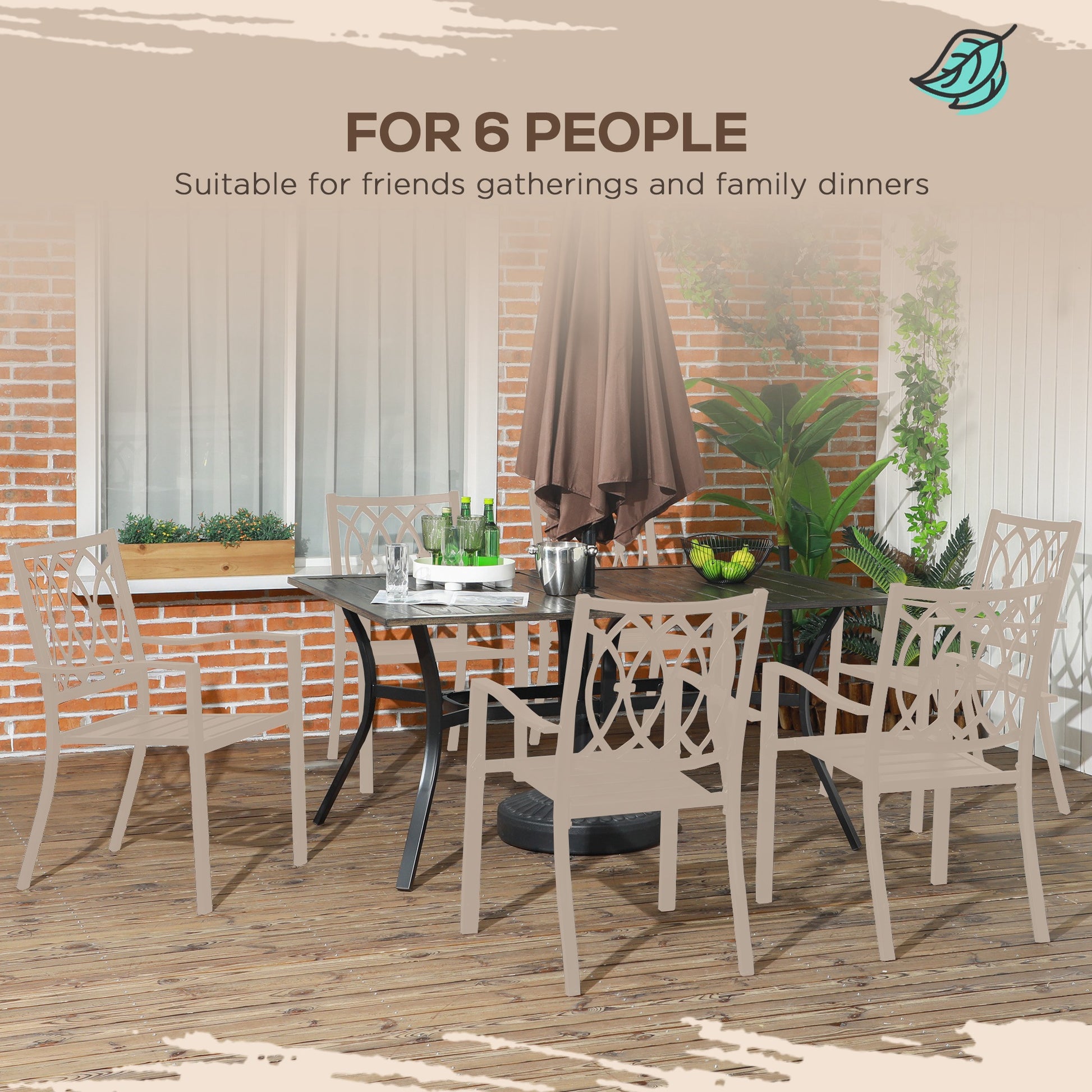 Outsunny Six-Seater Steel Garden Table, with ?41mm Parasol Hole - Wood-Effect