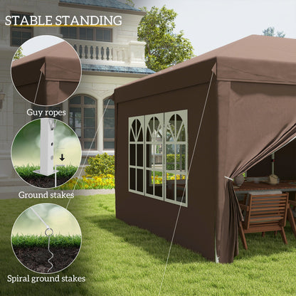 Outsunny 3 x 6 m Pop Up Gazebo with Sides and Windows, Height Adjustable Wedding Camping Party Tent Canopy Marquee with Storage Bag for Garden, Event, Brown