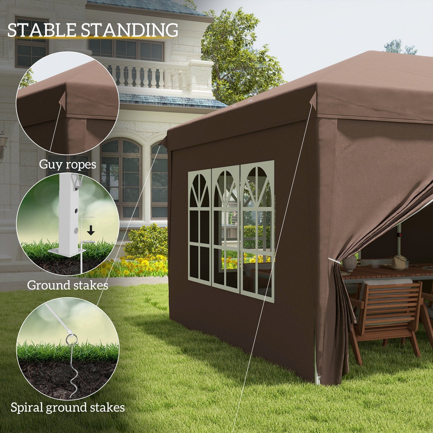 Outsunny 3 x 6 m Pop Up Gazebo with Sides and Windows, Height Adjustable Wedding Camping Party Tent Canopy Marquee with Storage Bag for Garden, Event, Brown