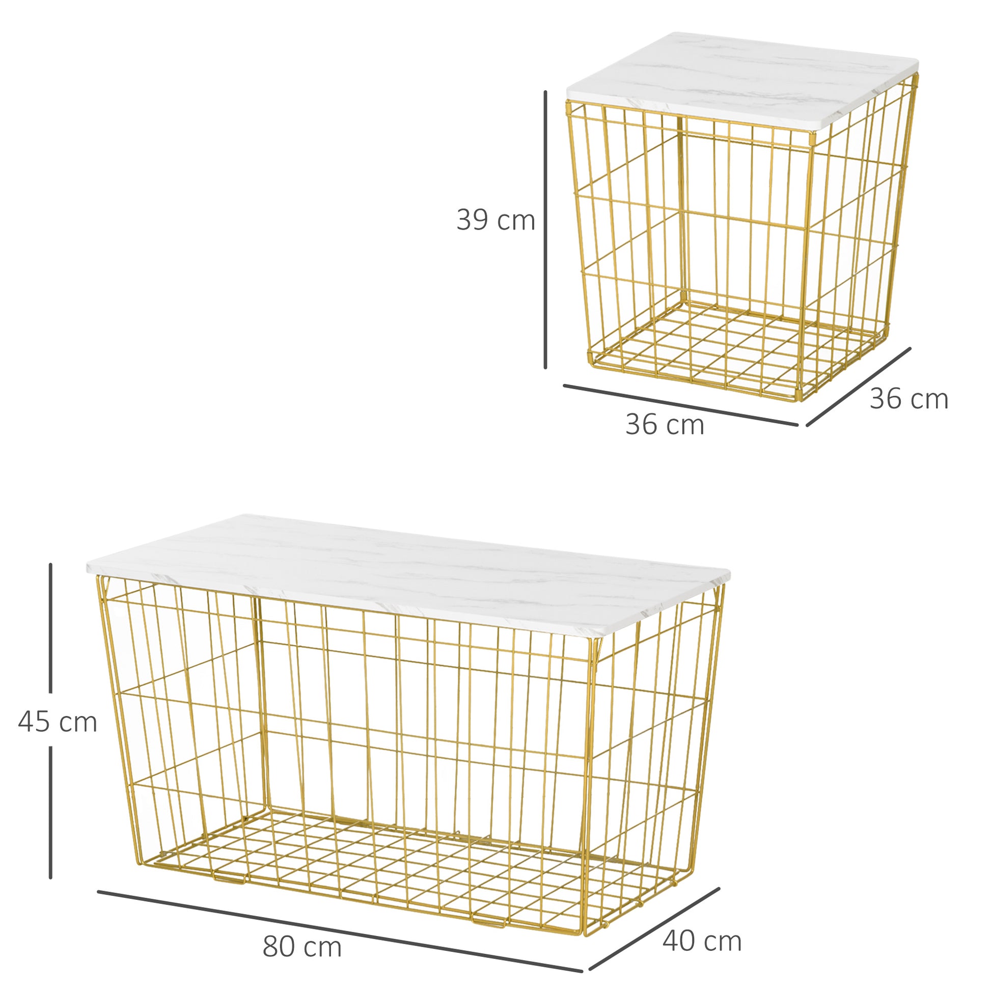 HOMCOM Side Table Set of 2 with Wire Storage Basket, End Tables Coffee Tables with Faux Marble Top for Living Room Bedroom, White and Gold