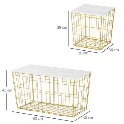 HOMCOM Side Table Set of 2 with Wire Storage Basket, End Tables Coffee Tables with Faux Marble Top for Living Room Bedroom, White and Gold