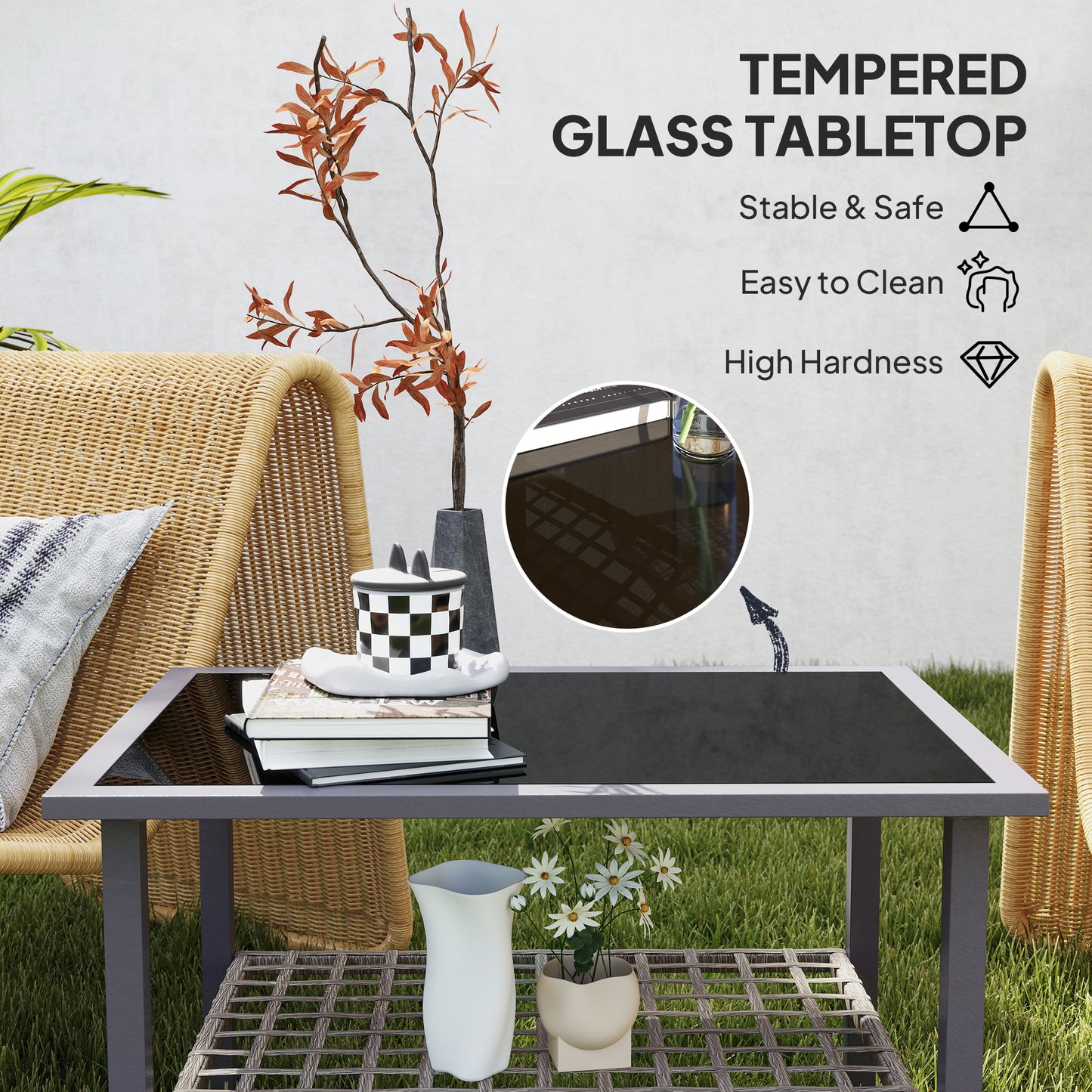 Outsunny Outdoor Rattan Coffee Table with Tempered Glass Top, Storage Shelf, Foot Pads, for Patio, Balcony, Mixed-grey