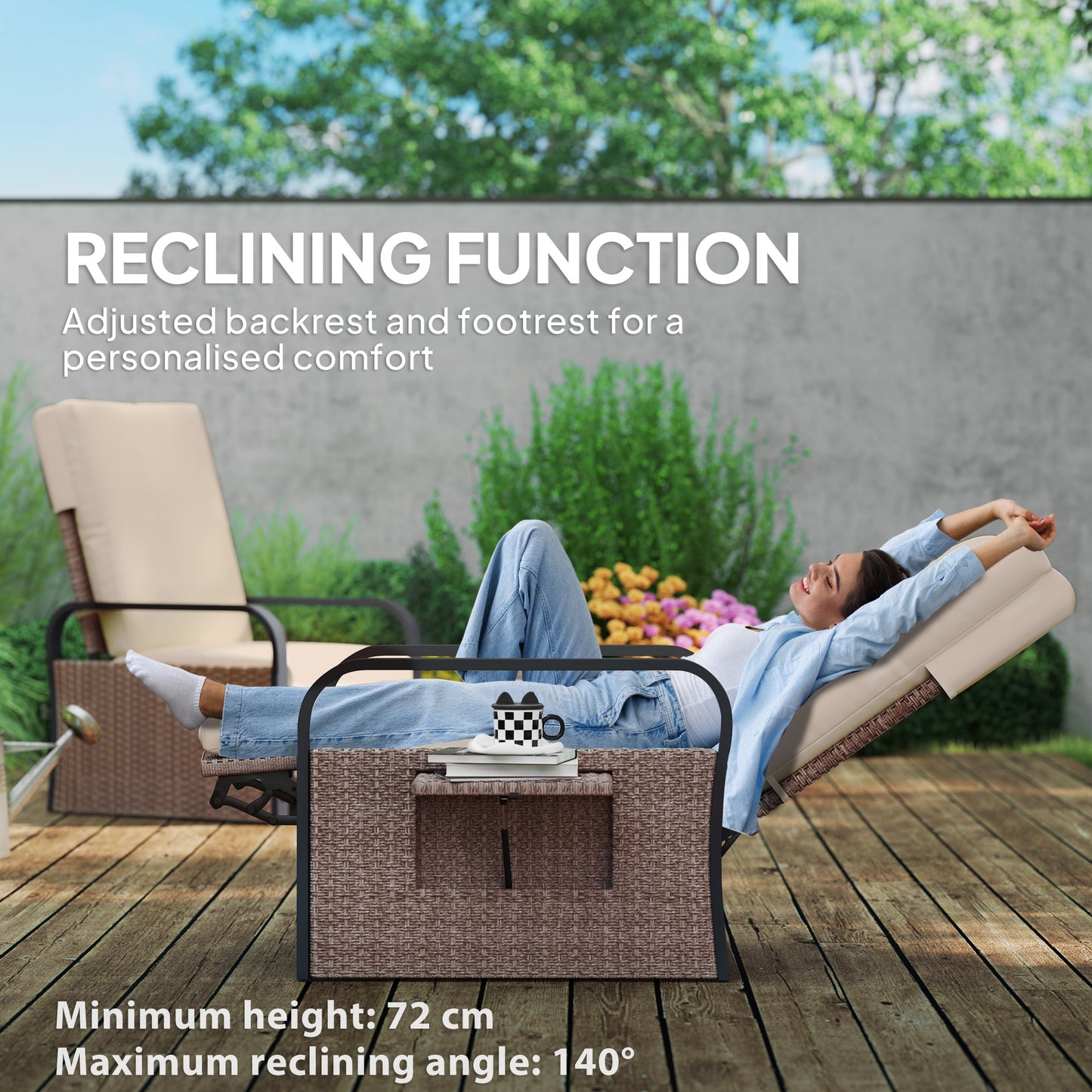 Outsunny 140° Reclining Rattan Armchair - Brown/Khaki