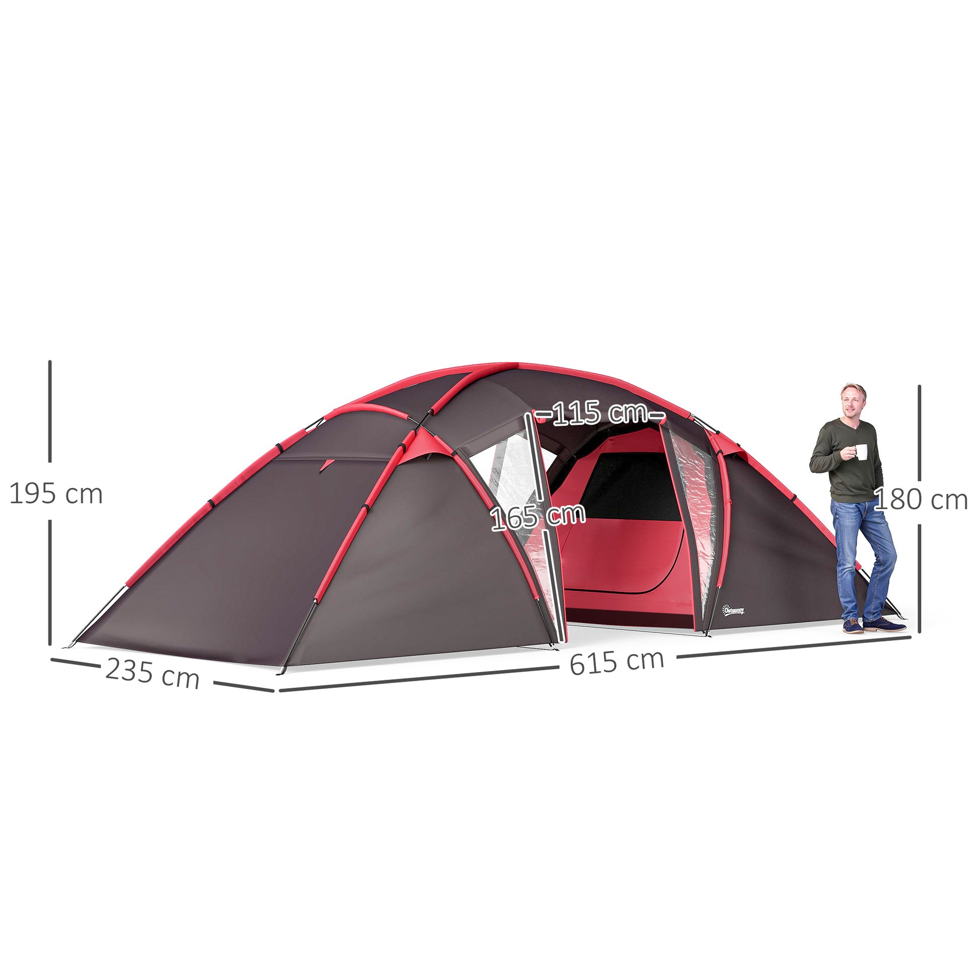 Outsunny 4-6 Man Family Camping Tent w/ 2 Bedrooms and a Living Room, Waterproof Tunnel Tent w/ Sewn In Groundsheet, Doors, Windows, Carry Bag, Grey