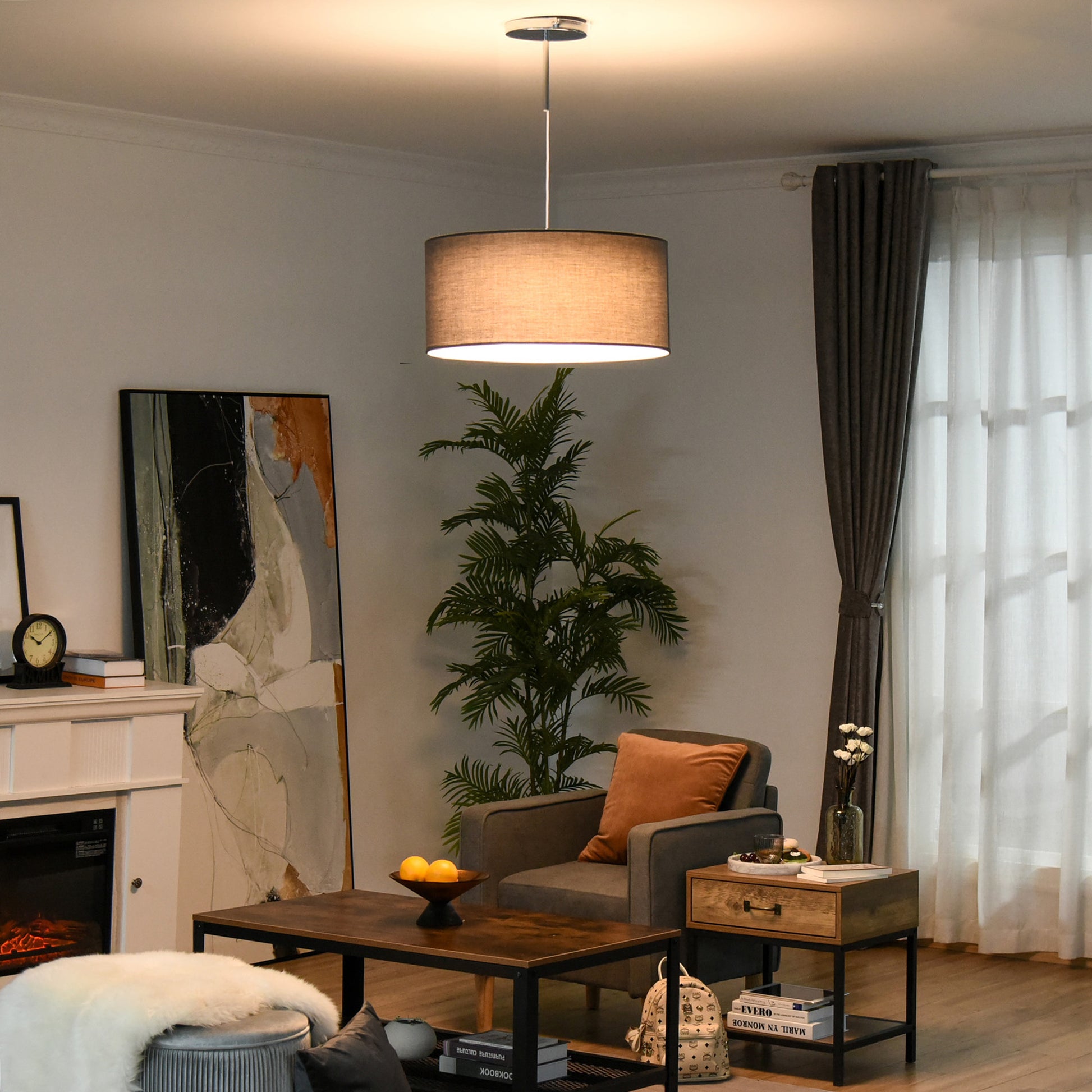 HOMCOM Modern LED Pendant Light Chandelier with Three Lighting Modes Metal Round Base for Living Room, Bedroom, Office, Entrance, Grey, 59 x 59 x 44cm