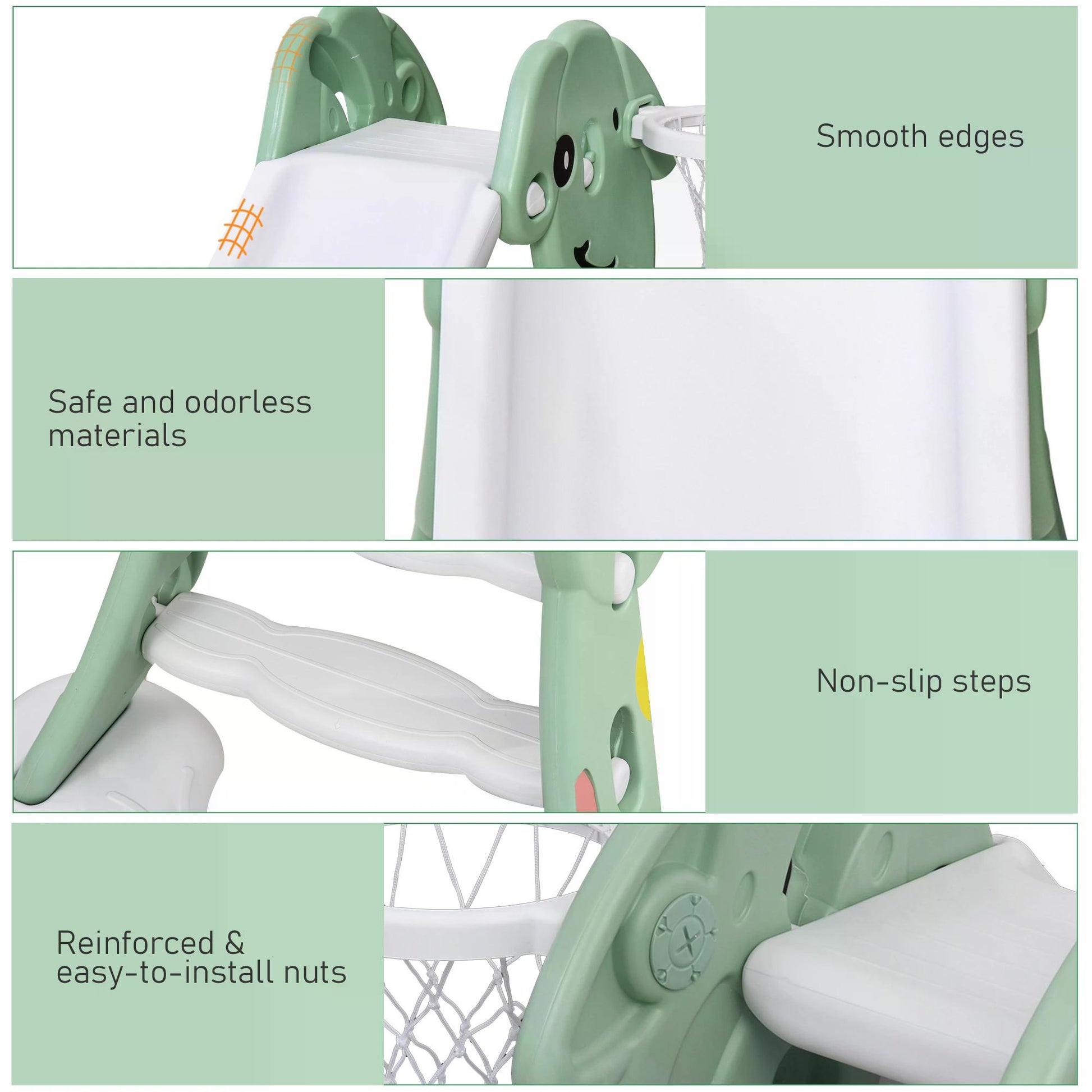 HOMCOM Kids Slide with Basketball Hoop Toddler Climber Freestanding Slider Playset Playground Slipping Slide for 2-6 Years Old Green