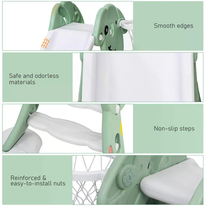 HOMCOM Kids Slide with Basketball Hoop Toddler Climber Freestanding Slider Playset Playground Slipping Slide for 2-6 Years Old Green