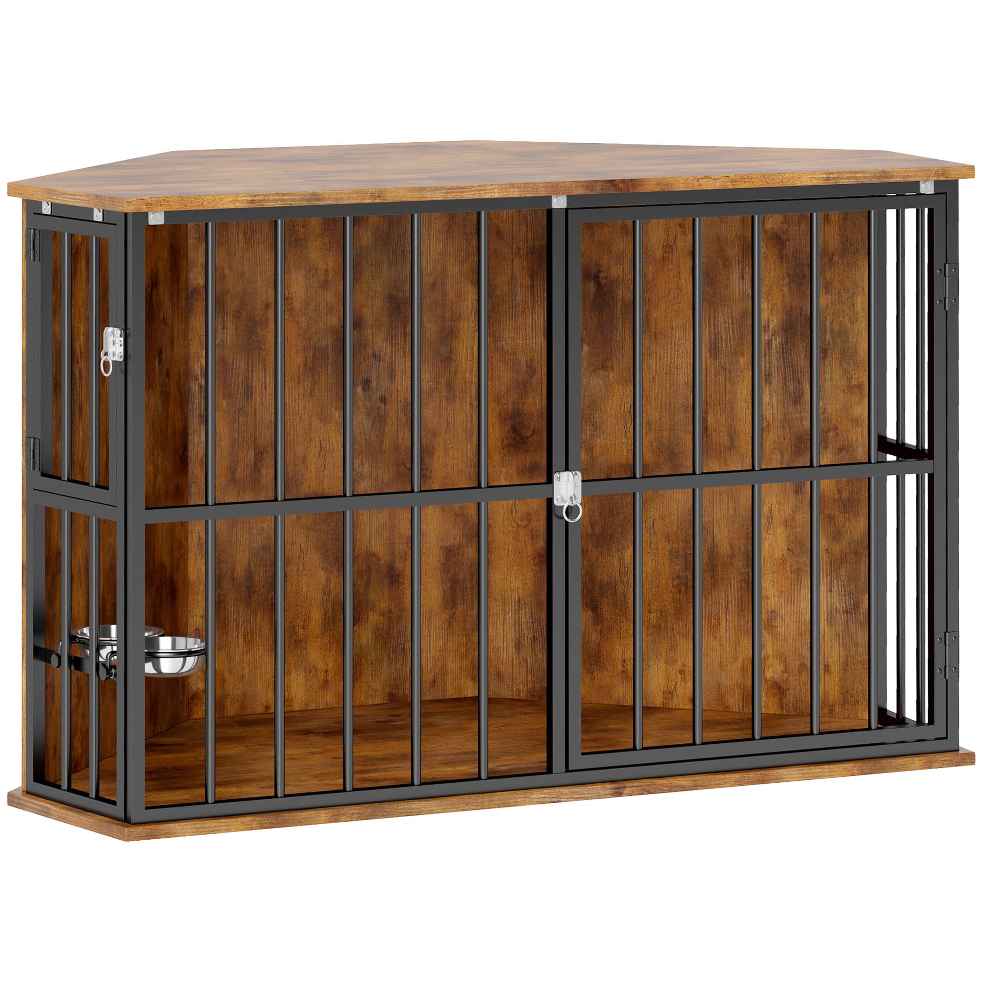 PawHut Corner Dog Crate Furniture with Two Bowls, Lockable Doors, for Small, Medium Dogs, Rustic Brown