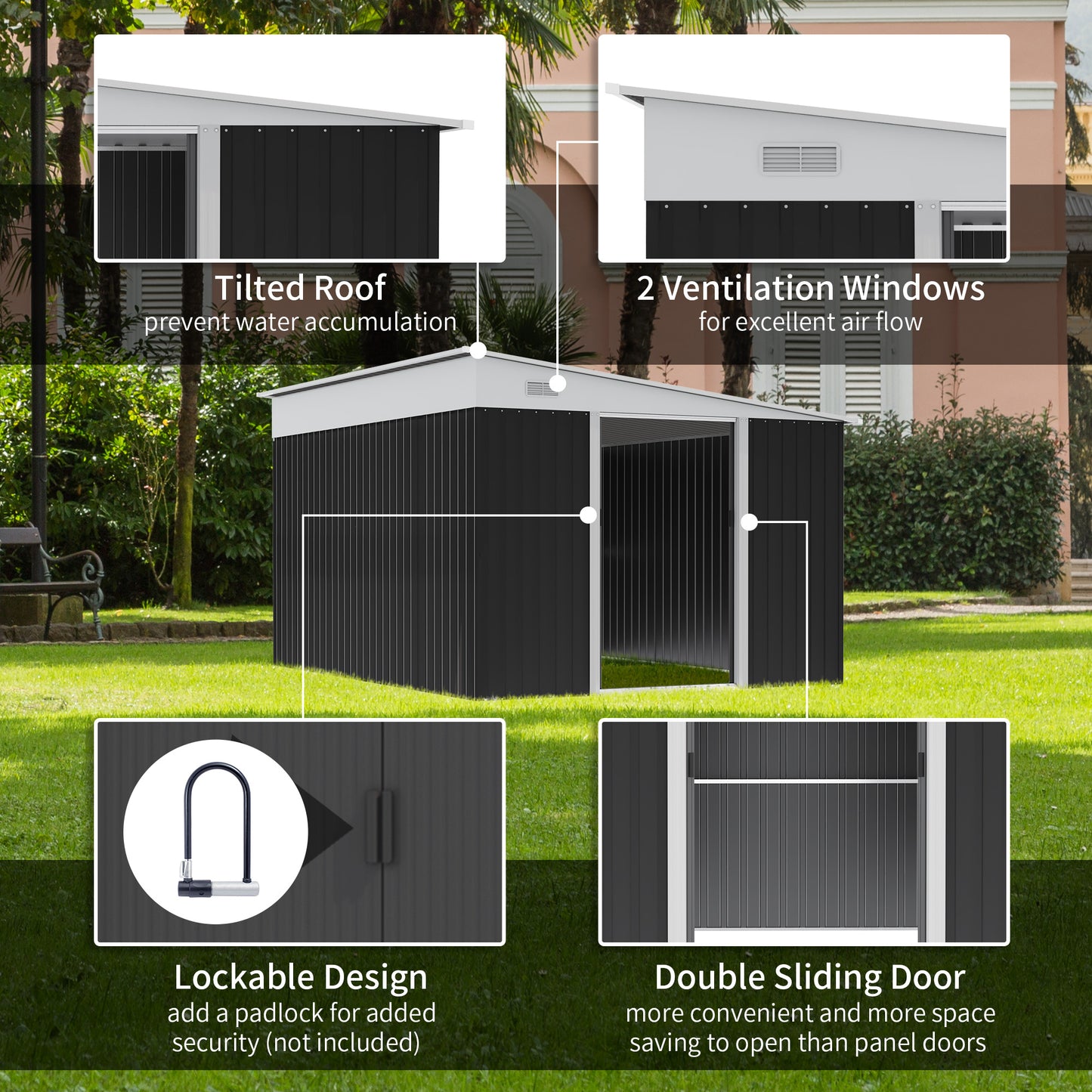 Outsunny 3.3 x 2.68m Corrugated Metal Shed - Black