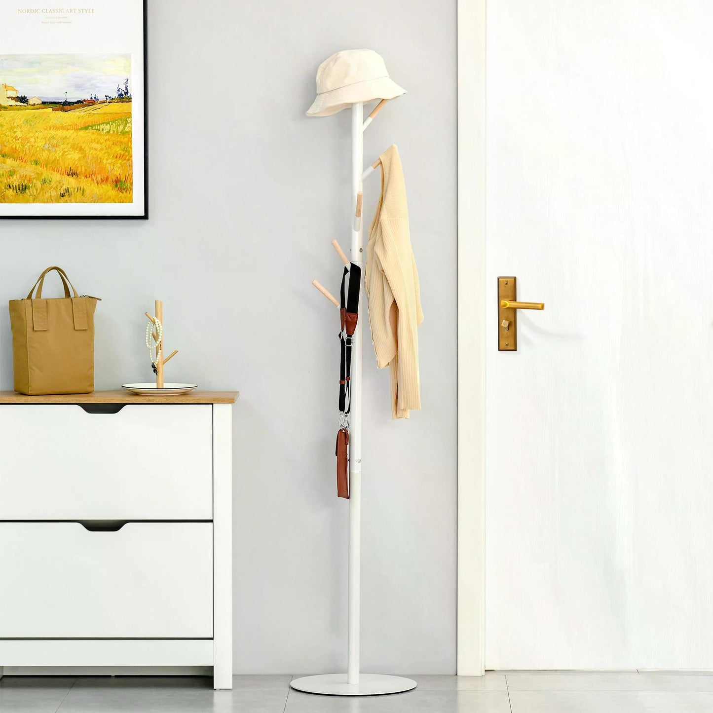 HOMCOM 174cm Free Standing Coat Rack Stand with 6 Hooks Clothes Tree Hat Display Hall Tree Hanger Hanging Organizer White