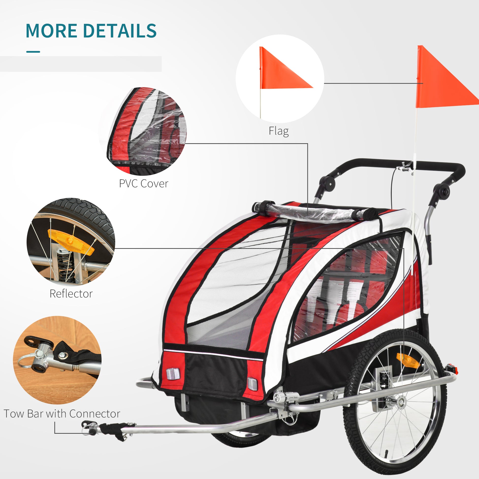 HOMCOM Child Bike Trailer Baby Bicycle Trailer 360° Rotatable for 2 Kids with Steel Frame LED Red