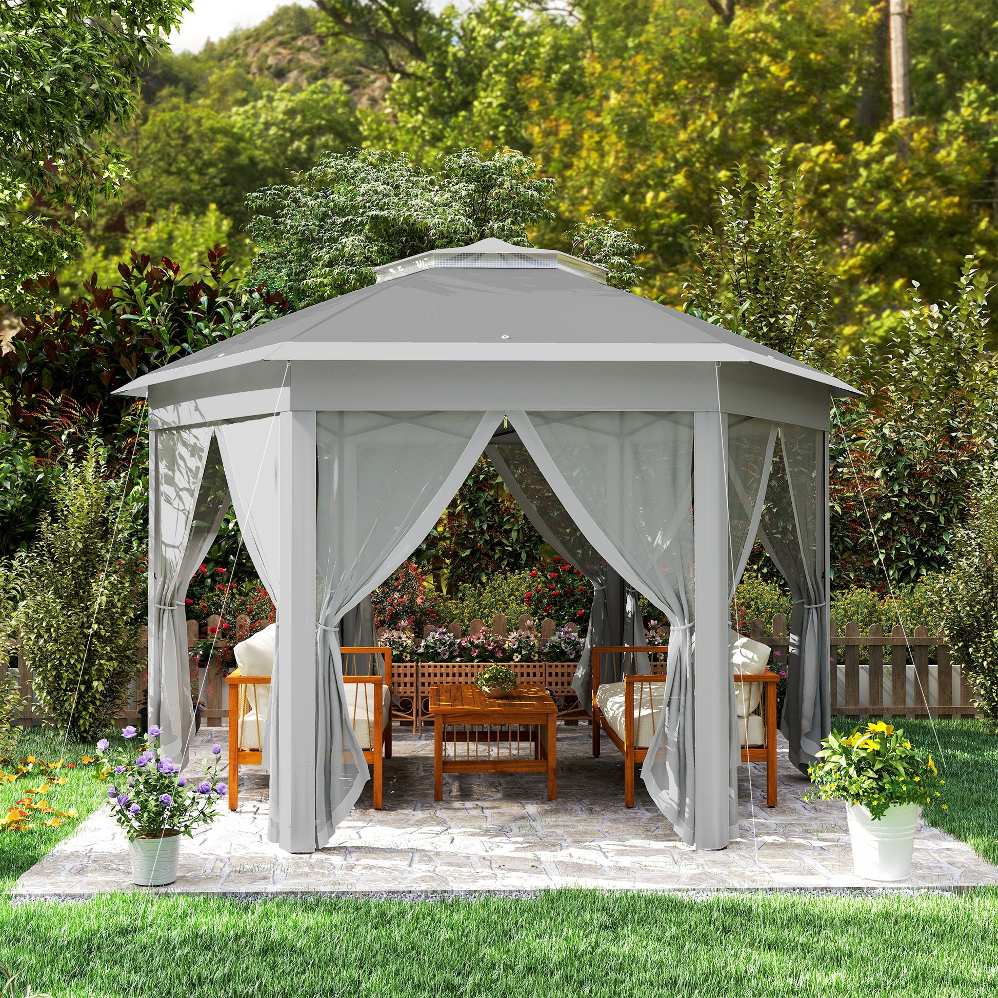 Outsunny 3 x 4m Garden Gazebo Hexagon Pop Up Gazebo Party Tent Canopy Double Roof Instant Shelter with Netting and Carry Bag for Outdoor Patio, Dark Grey