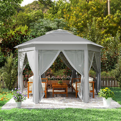 Outsunny 3 x 4m Garden Gazebo Hexagon Pop Up Gazebo Party Tent Canopy Double Roof Instant Shelter with Netting and Carry Bag for Outdoor Patio, Dark Grey