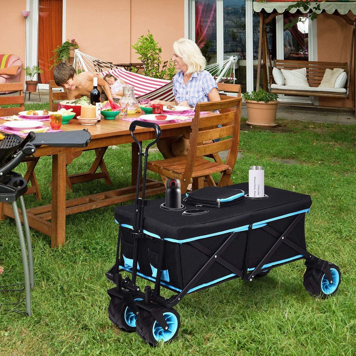 Folding Wagon Cart with Top Cover and Cup Holders